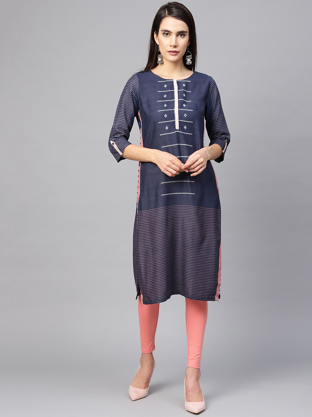 

W Women Navy Blue & Pink Striped Straight Kurta
