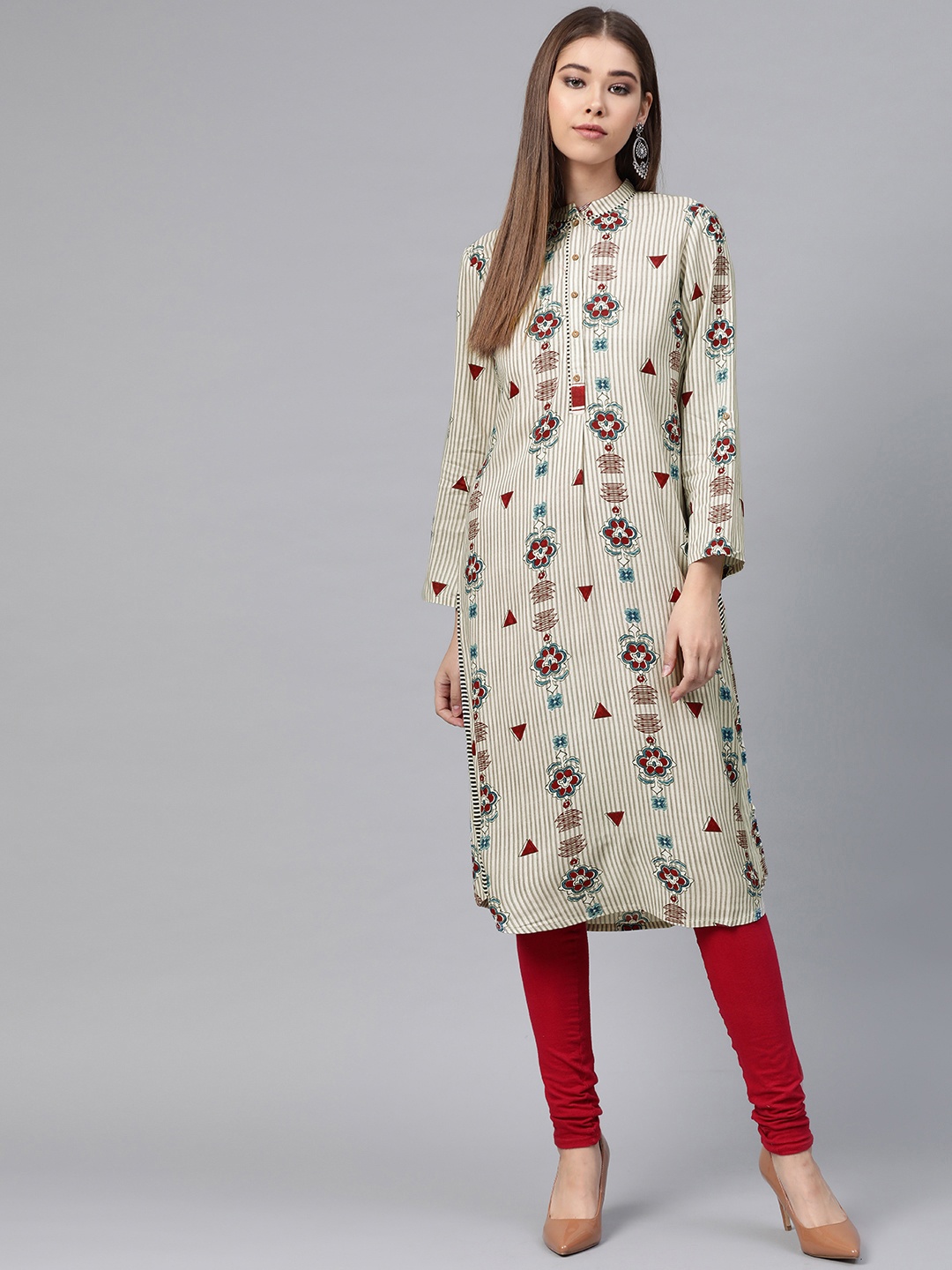 

W Women Off-White & Grey Printed Straight Kurta