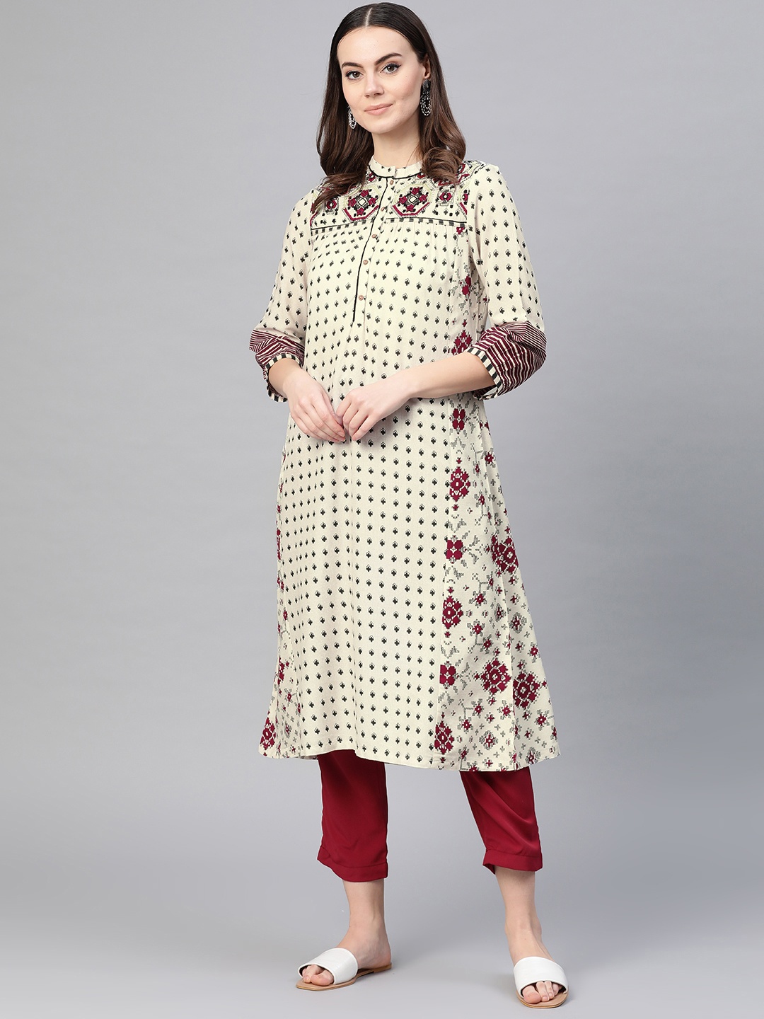 

W Women Beige & Maroon Printed A-Line Kurta