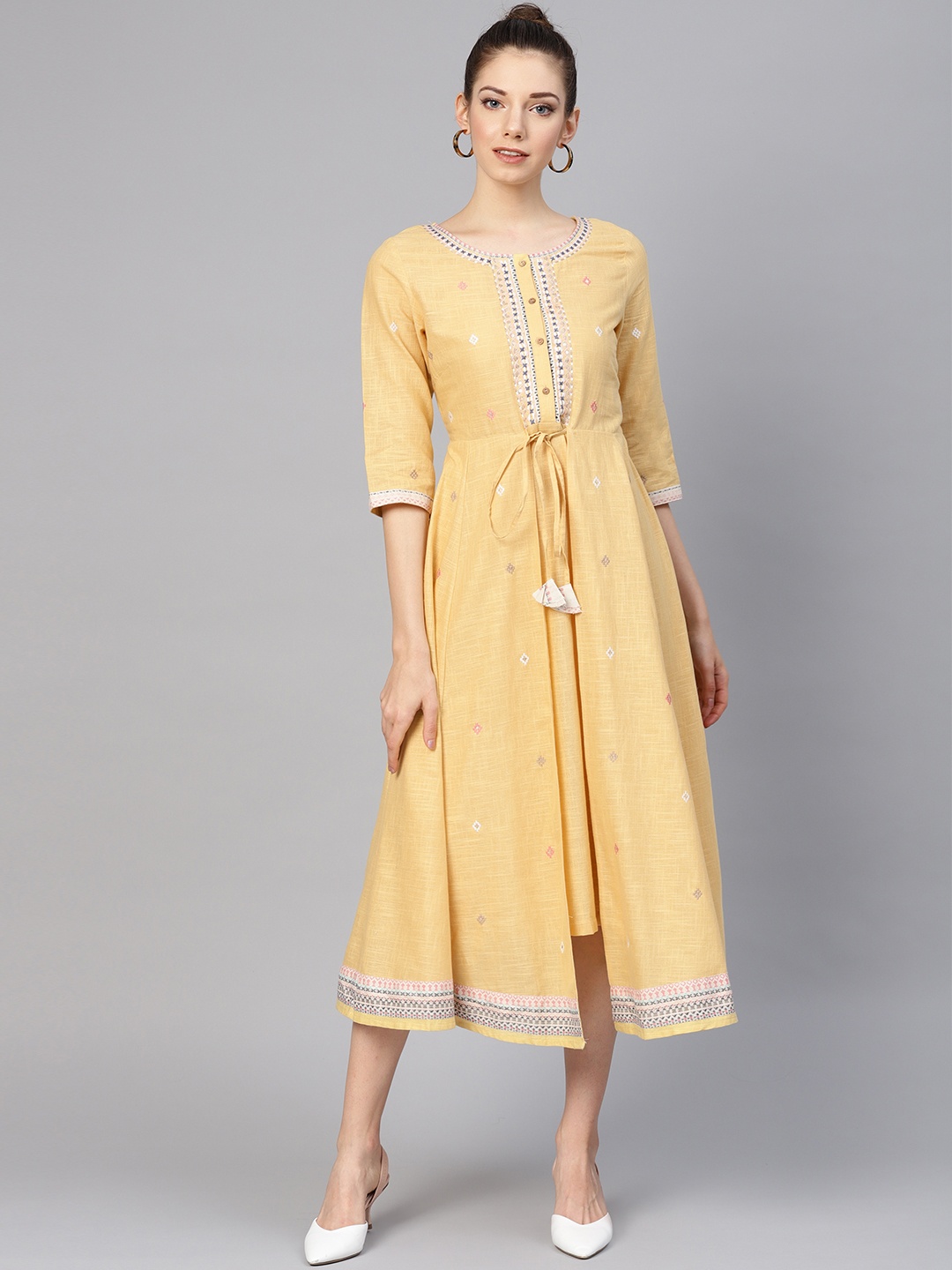 

W Embroidered A-Line Cotton Dress, Yellow