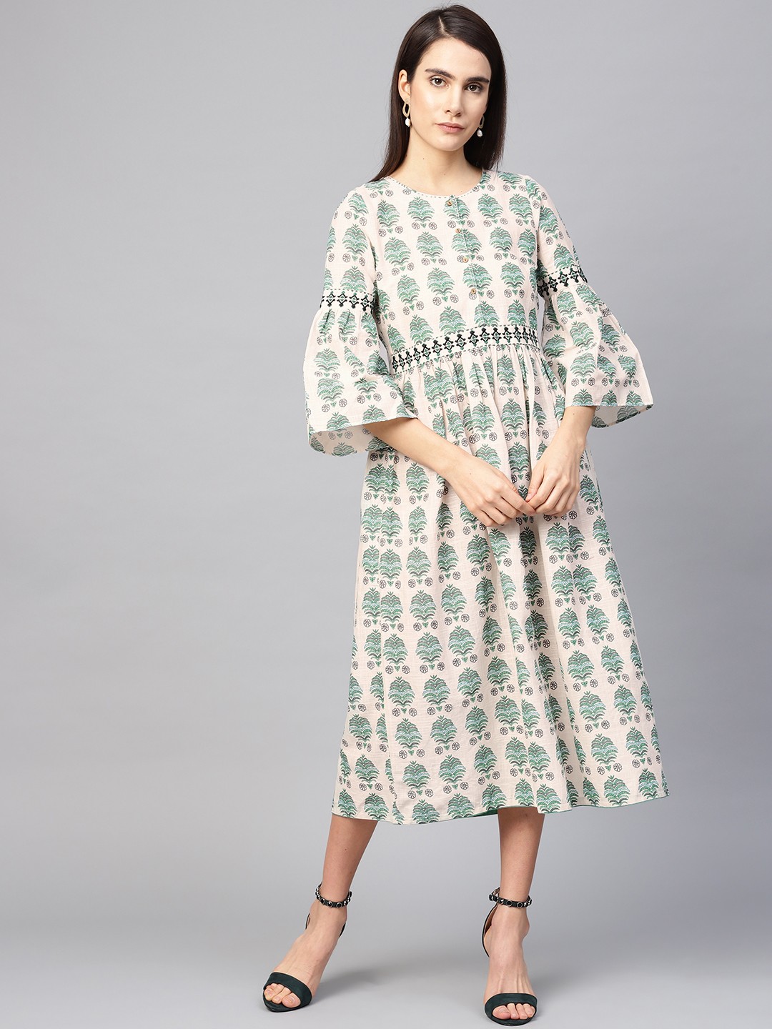 

W Women Off-White & Green Printed A-Line Dress