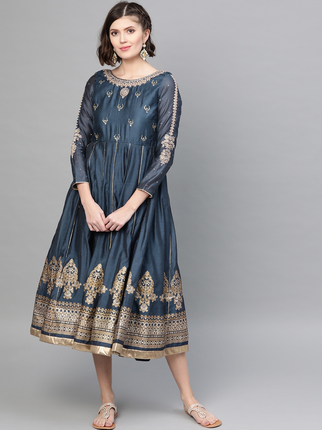 

W Navy Blue & Golden Embroidered Ethnic Motifs Printed A-Line Dress