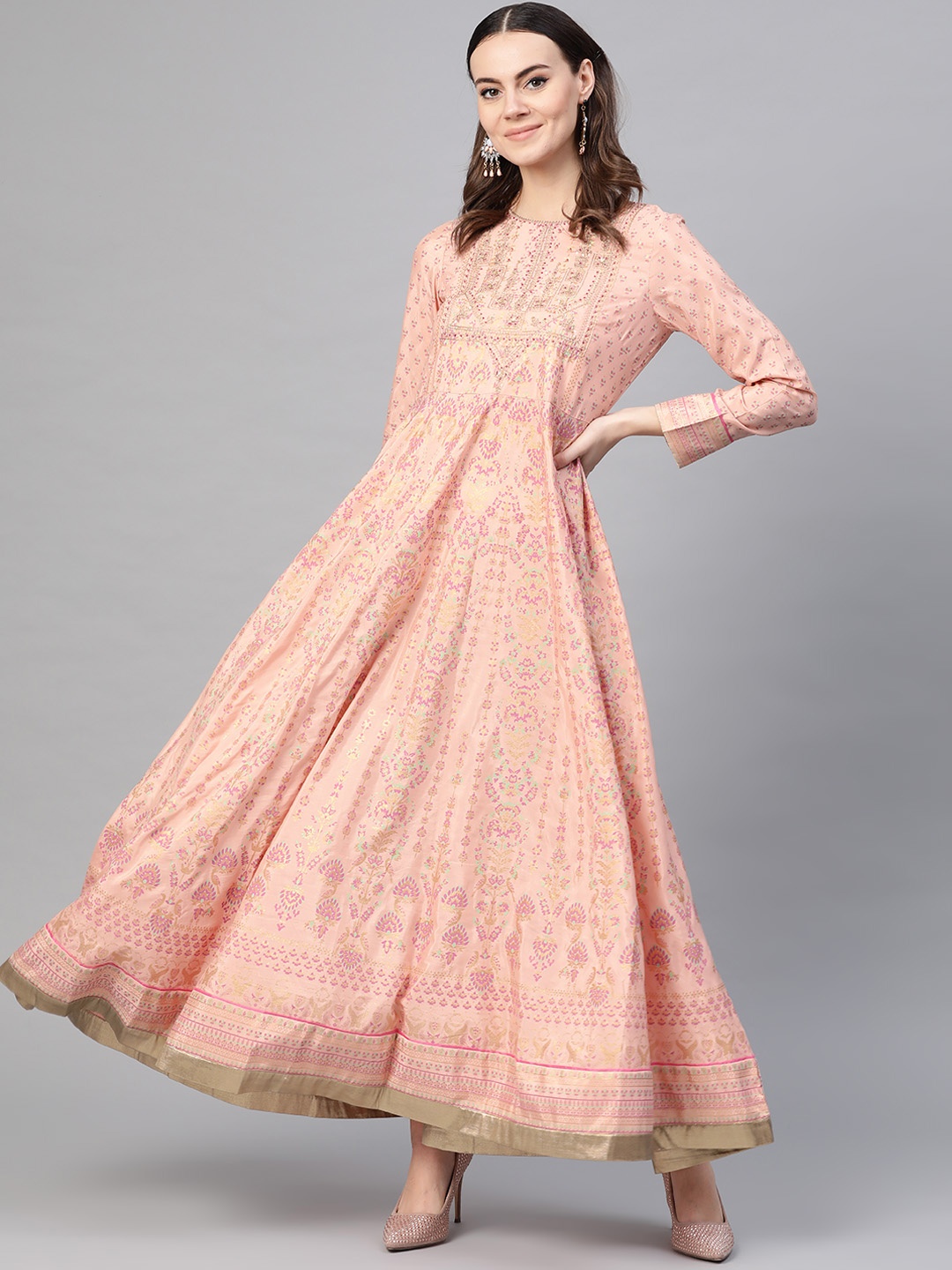

W Women Peach-Coloured & Golden Printed Maxi Dress