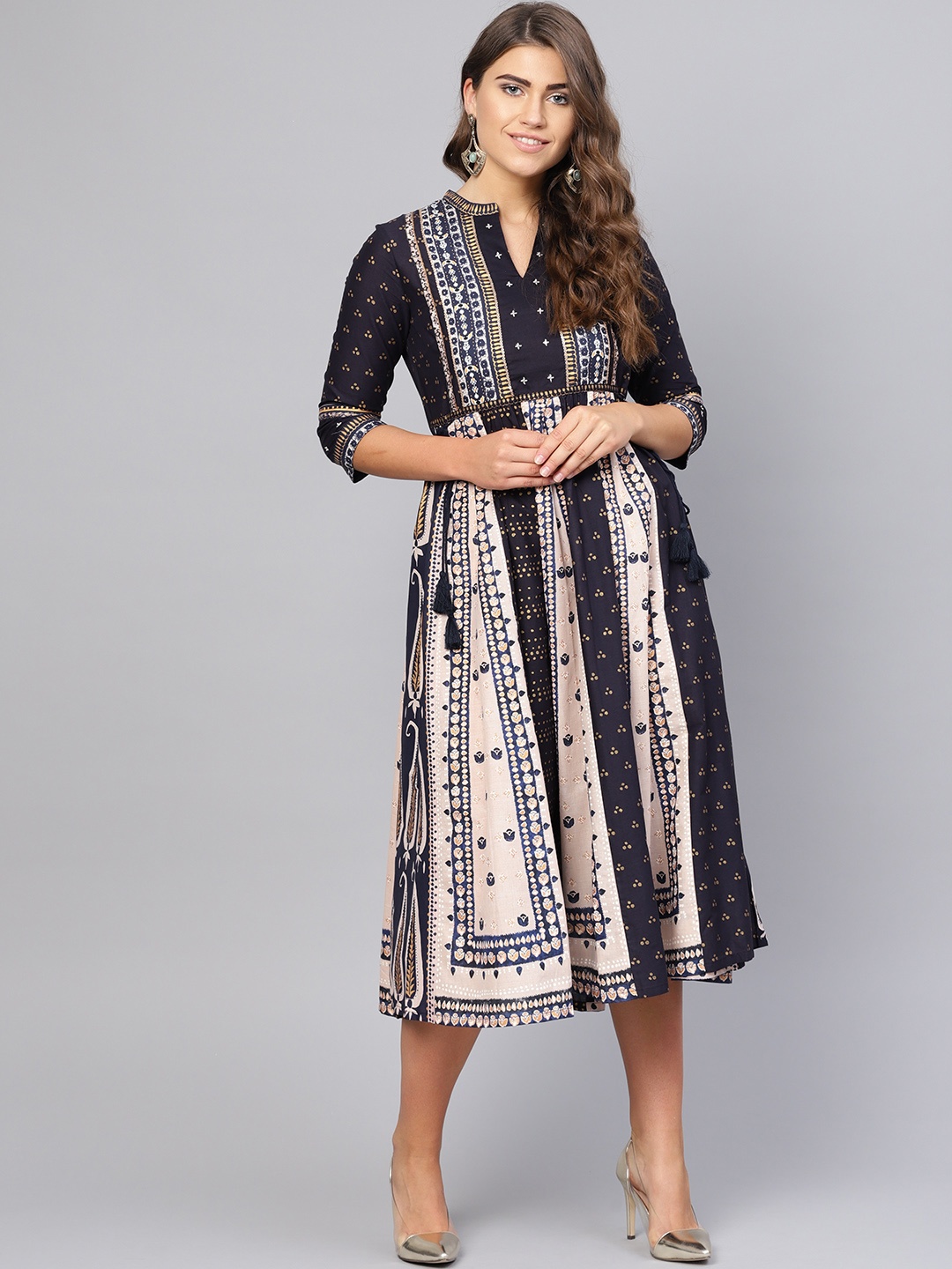 

W Women Navy Blue & Peach-Coloured Printed Empire Dress