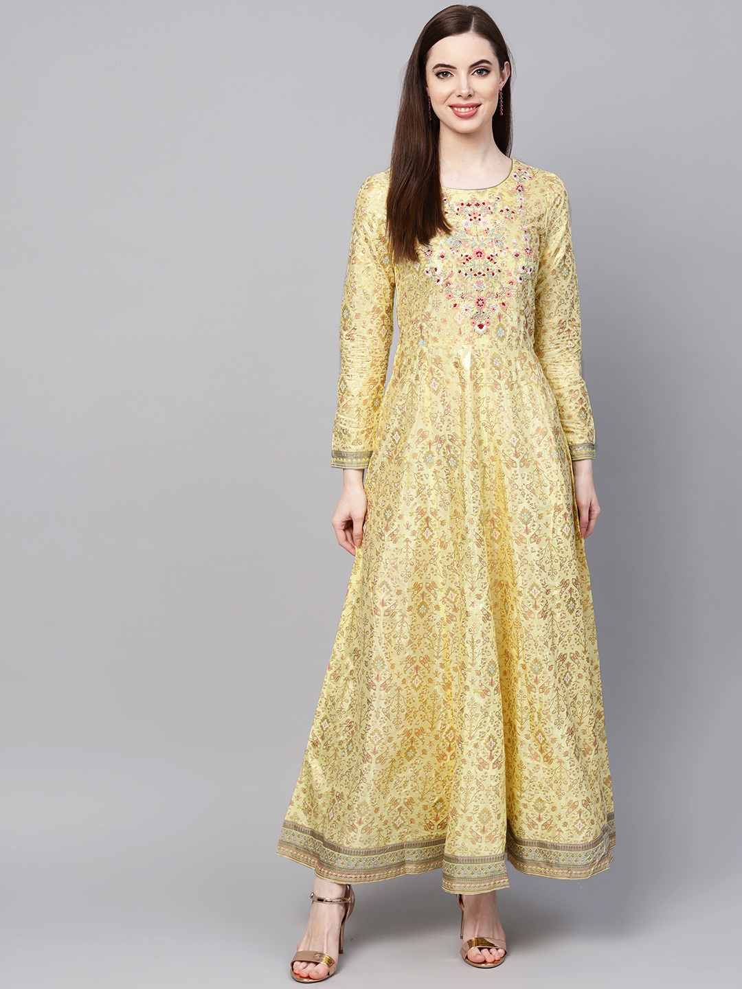 

W Yellow & Golden Ethnic Motifs Printed Maxi Dress