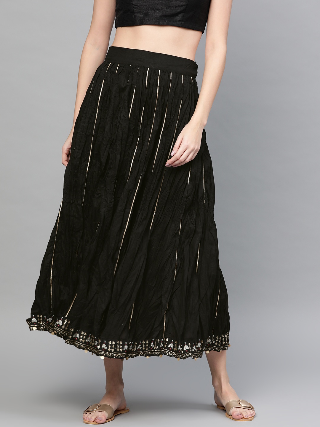 

W Black and Golden Pure Cotton Crinkled Maxi Flared Skirt