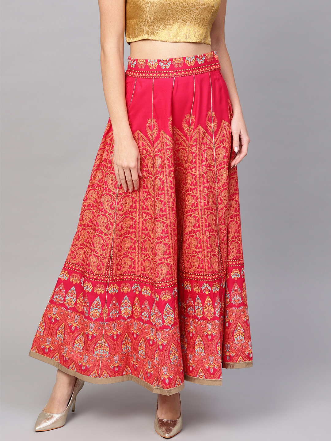 

W Pink & Mustard Yellow Printed Maxi Flared Skirt