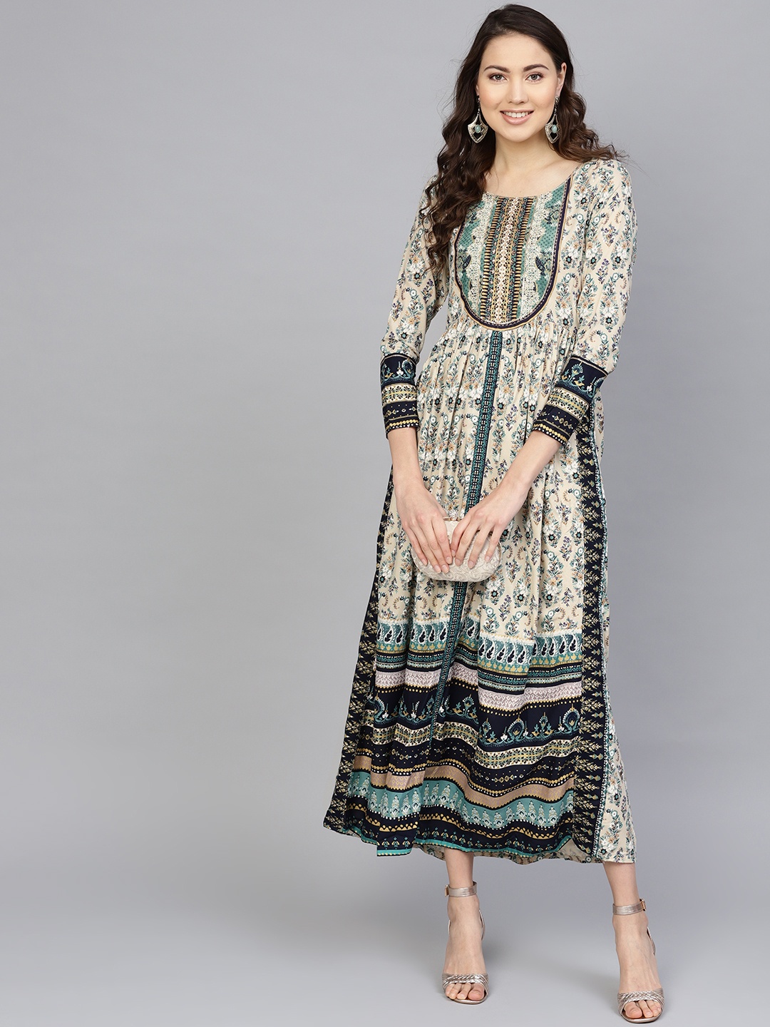 

W Women Beige & Green Floral Printed Maxi Dress