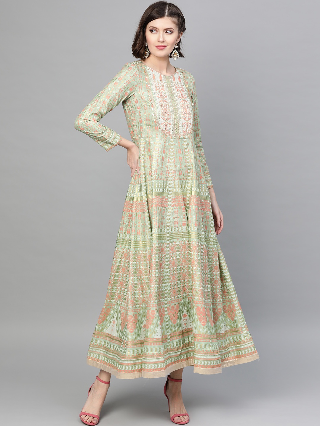 

W Women Green & Peach-Coloured Printed Maxi Dress
