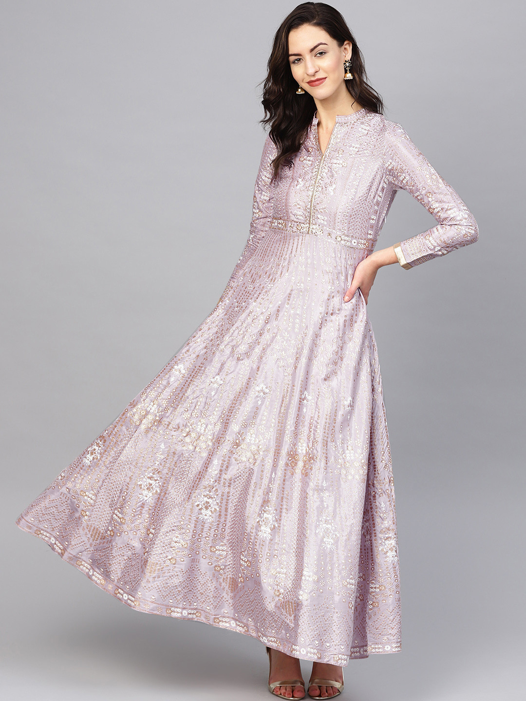 

W Women Lavender & Golden Floral Printed & Embellished Ethnic Maxi Dress