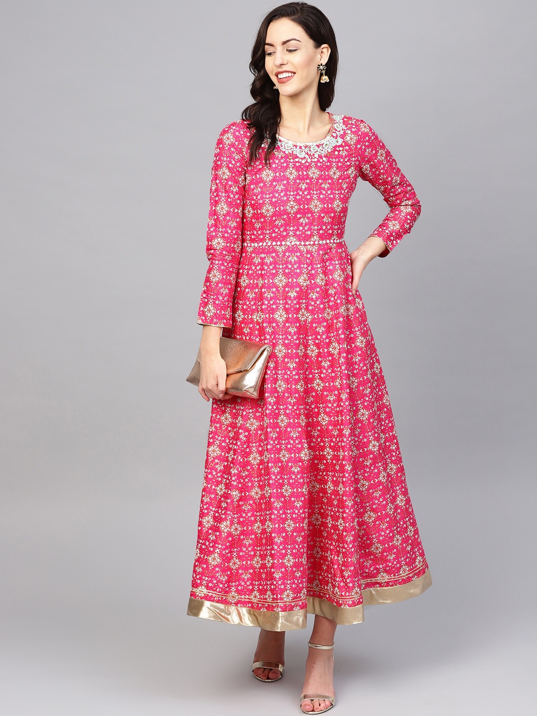 

W Women Pink & Mint Green Floral Printed Ethnic Maxi Dress