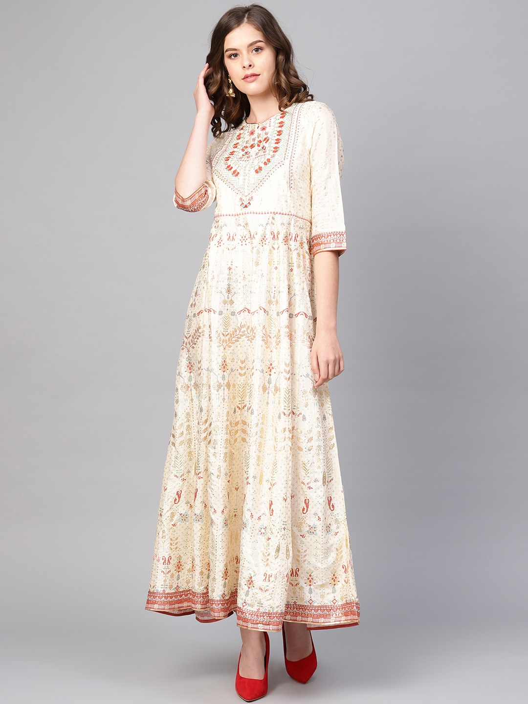 

W Cream-Coloured & Golden Ethnic Motifs Printed Maxi Dress