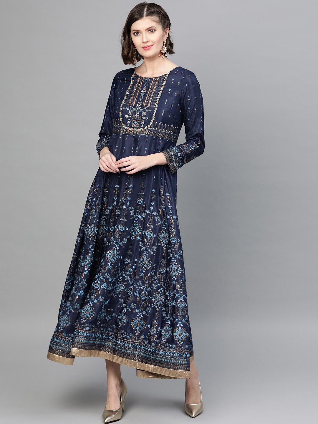 

W Women Navy Blue & Golden Printed Maxi Dress