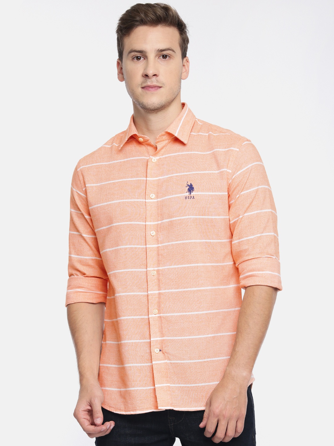 

U.S. Polo Assn. Men Orange & White Tailored Fit Striped Casual Shirt
