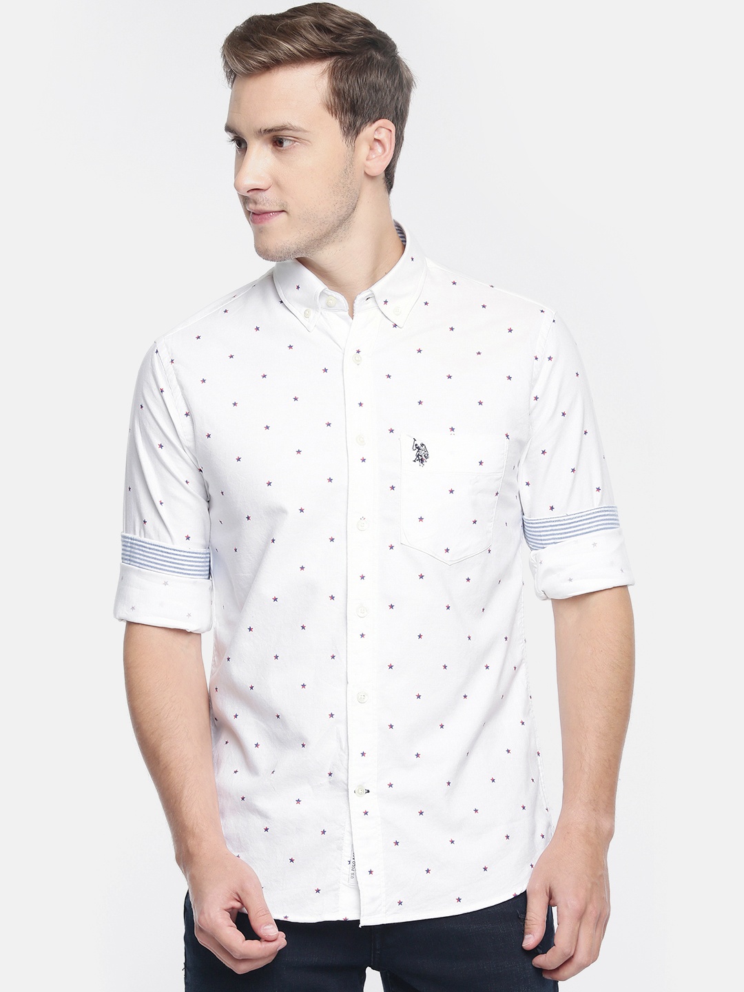 

U.S. Polo Assn. Men White & Blue Tailored Fit Printed Casual Shirt
