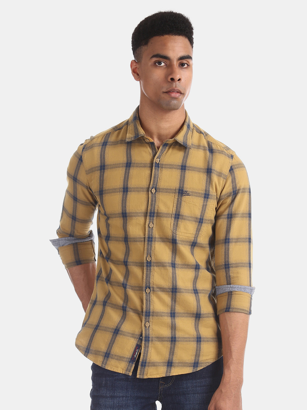 

U.S. Polo Assn. Denim Co. Men Mustard Yellow & Navy Blue Checked Casual Shirt