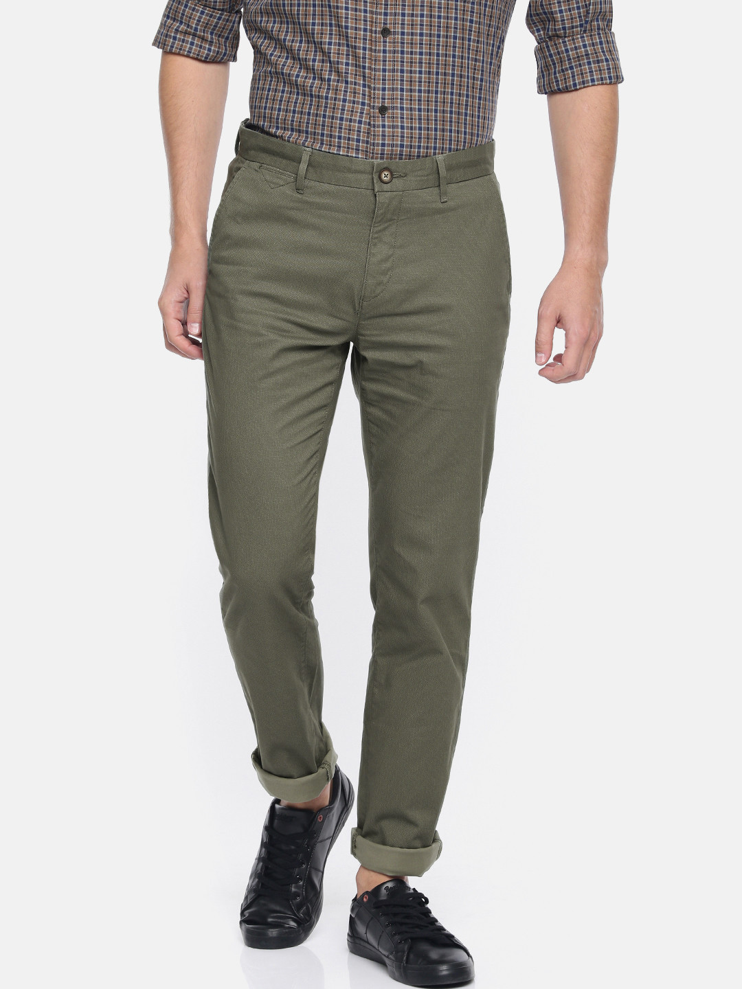 

U.S. Polo Assn. Men Olive Green Slim Fit Self Design Regular Trousers