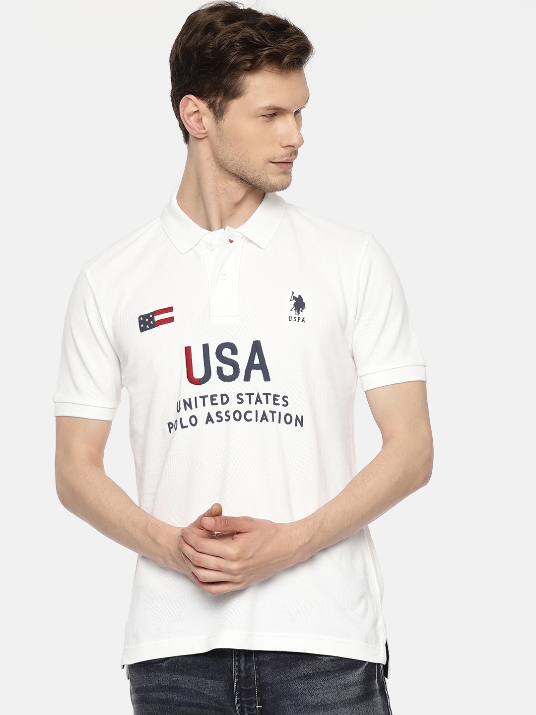 

U.S. Polo Assn. Men White Slim Fit Embroidered Polo Collar Pure Cotton T-shirt