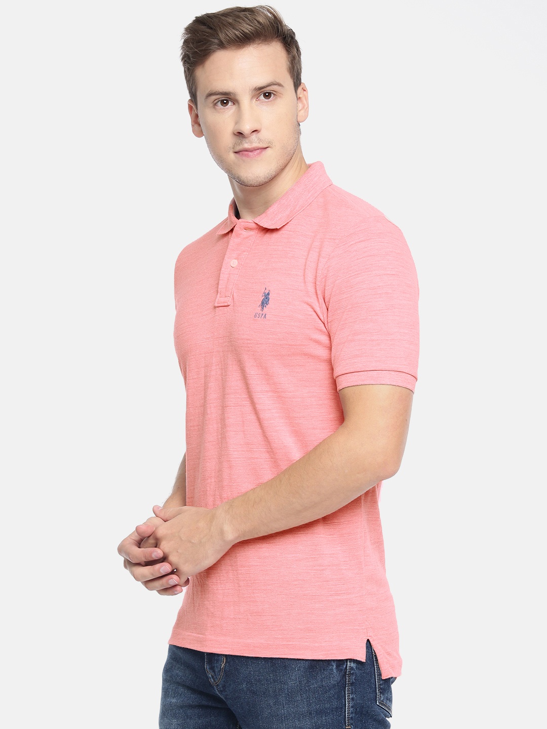 

U.S. Polo Assn. Men Coral Pink Solid Slim Fit Polo Collar T-shirt