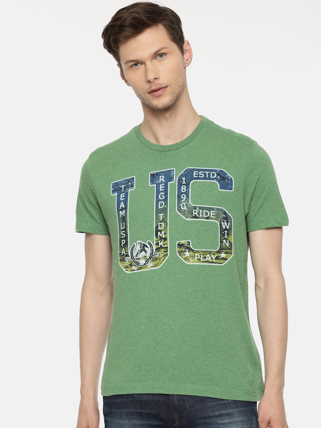

U.S. Polo Assn. Denim Co. Men Green Printed Round Neck Pure Cotton T-shirt