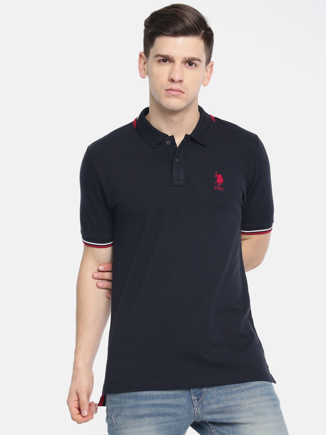 

U.S. Polo Assn. Men Navy Blue Solid Slim Fit Polo Collar T-shirt
