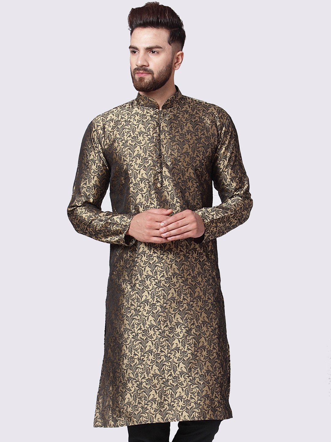 

Jompers Men Gold-Toned Woven Design Dupion Silk Straight Kurta