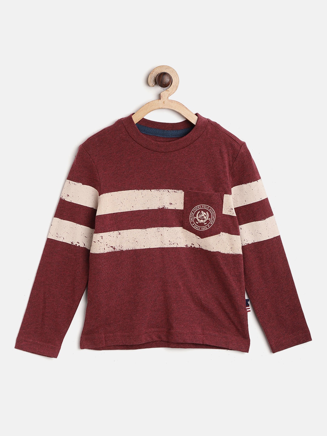 

U.S. Polo Assn. Kids Boys Burgundy Beige Striped Round Neck Pure Cotton T-shirt