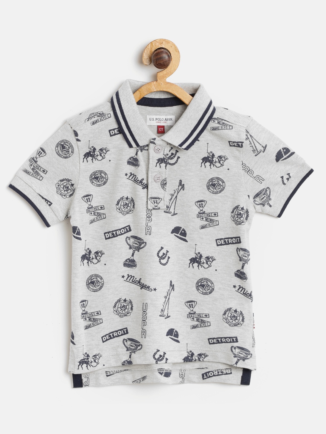 

U.S. Polo Assn. Kids Boys Grey Melange & Navy Printed Polo Collar T-shirt