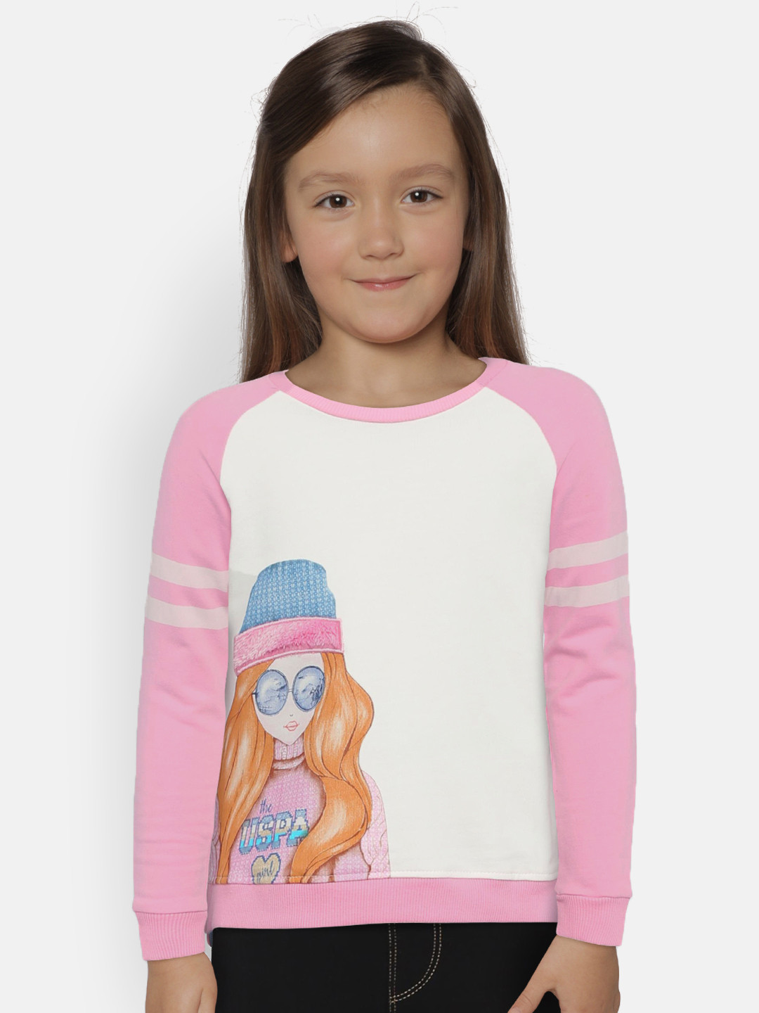 

U.S. Polo Assn. Kids Girls Off-White & Pink Printed Sweatshirt