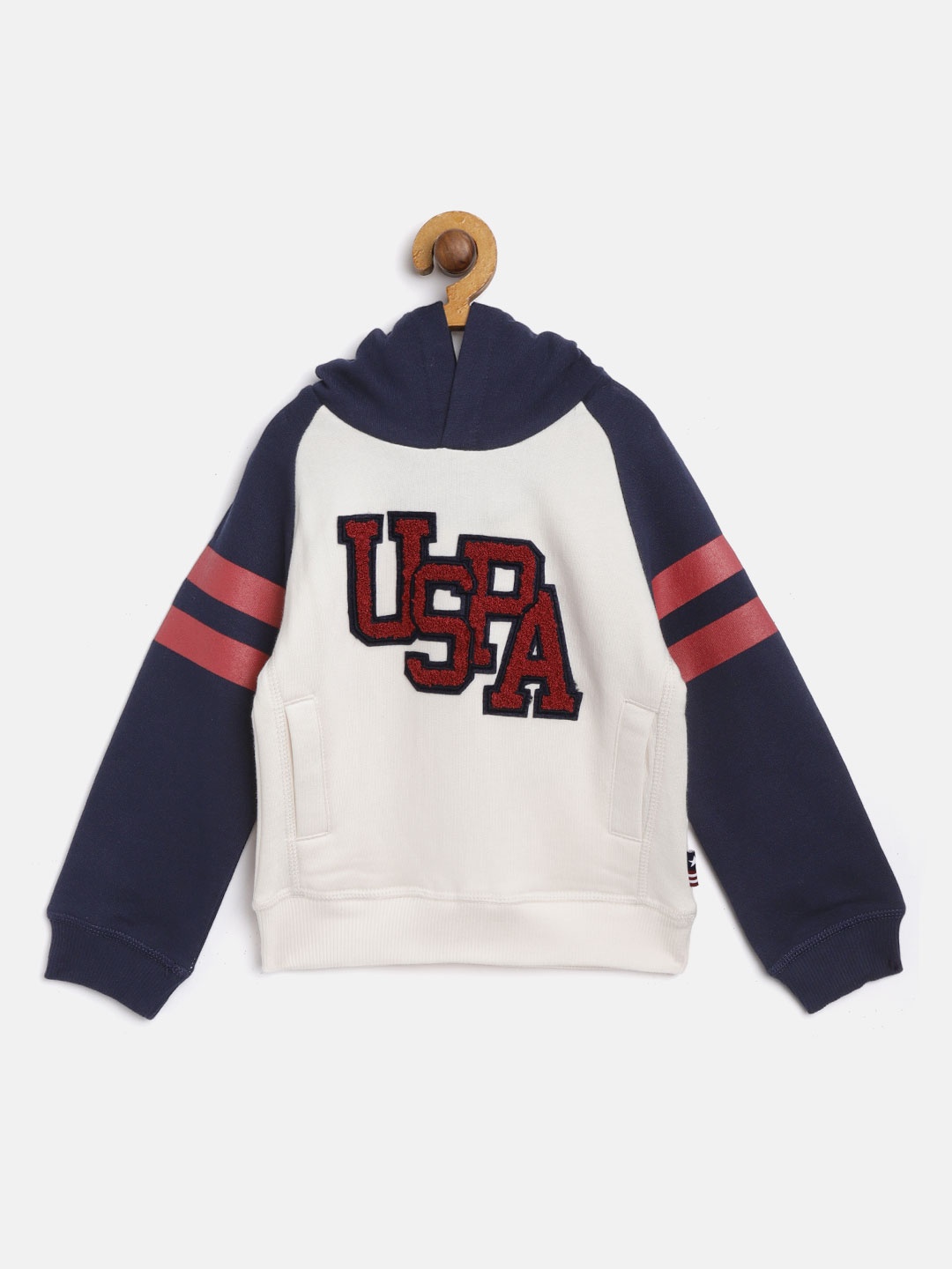 

U.S. Polo Assn. Kids Boys White & Navy Blue Applique Hooded Sweatshirt