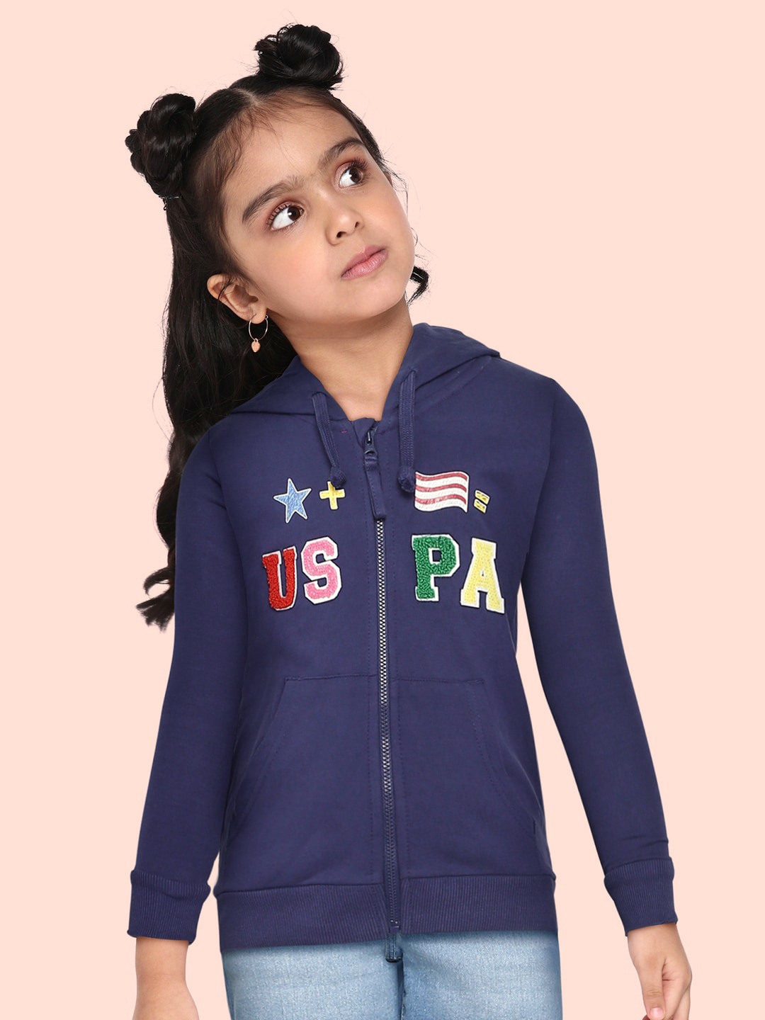 

U.S. Polo Assn. Kids Girls Navy Blue Solid Hooded Sweatshirt