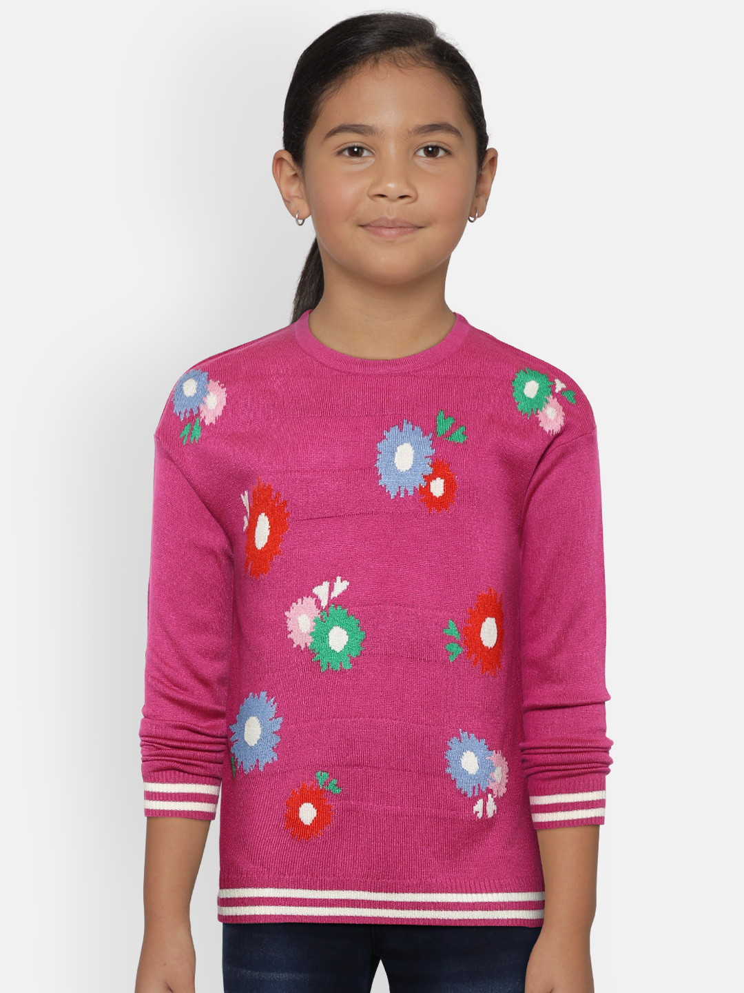 

U.S. Polo Assn. Kids Girls Pink & Blue Floral Self Design Pullover Sweater