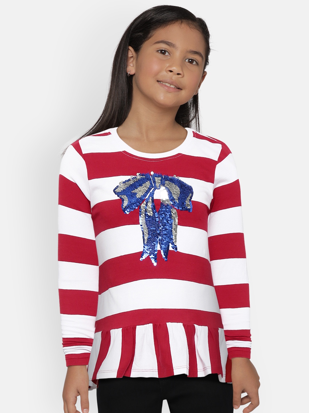 

U.S. Polo Assn. Kids Girls Red & White Candy Striped Pure Cotton Top with Flip Sequin