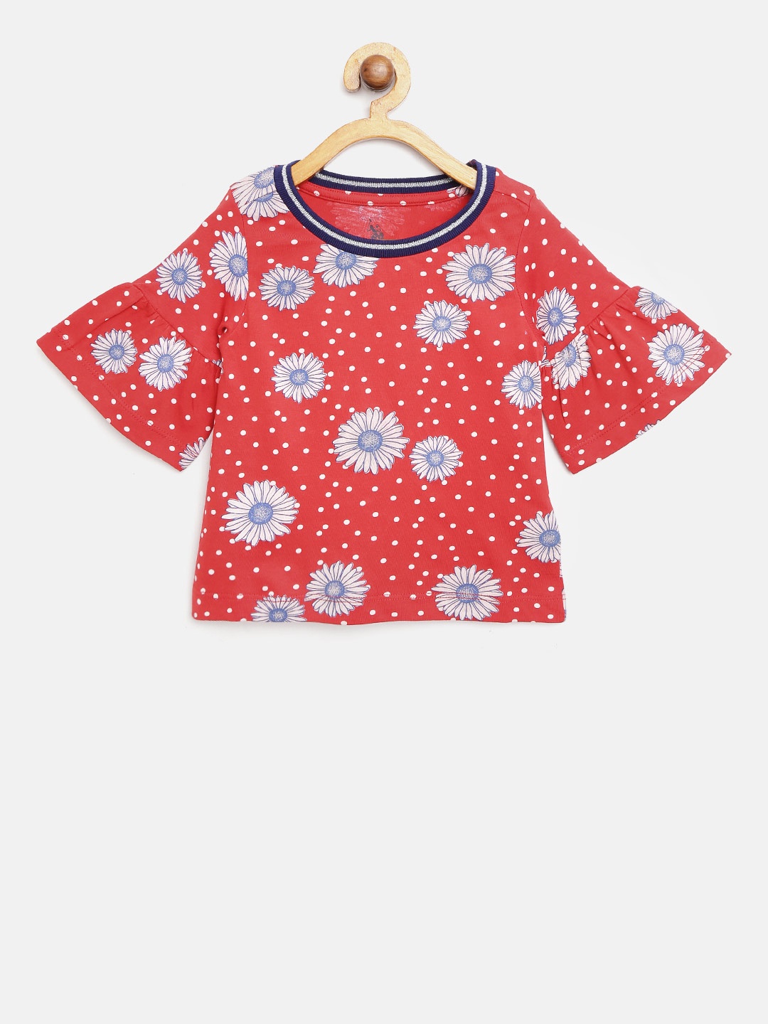 

U.S. Polo Assn. Kids Girls Red & Navy Blue Printed Pure Cotton Top
