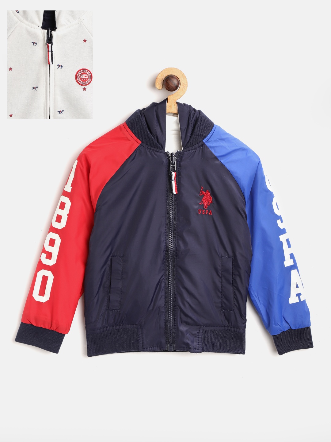 

U.S. Polo Assn. Kids Boys Navy Blue & White Printed Hooded Reversible Bomber