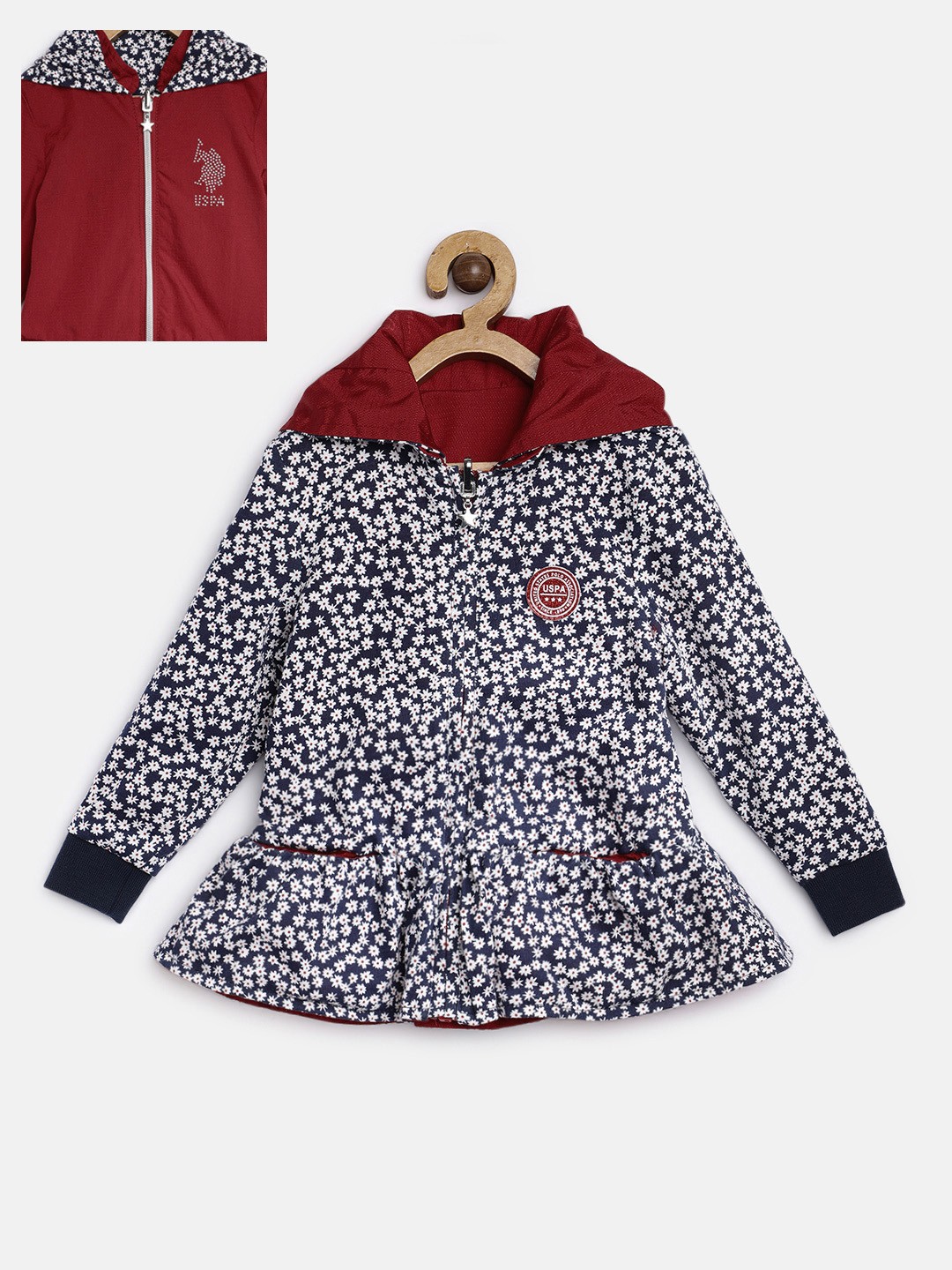 

U.S. Polo Assn. Kids Girls Navy Blue Printed Reversible Peplum Jacket