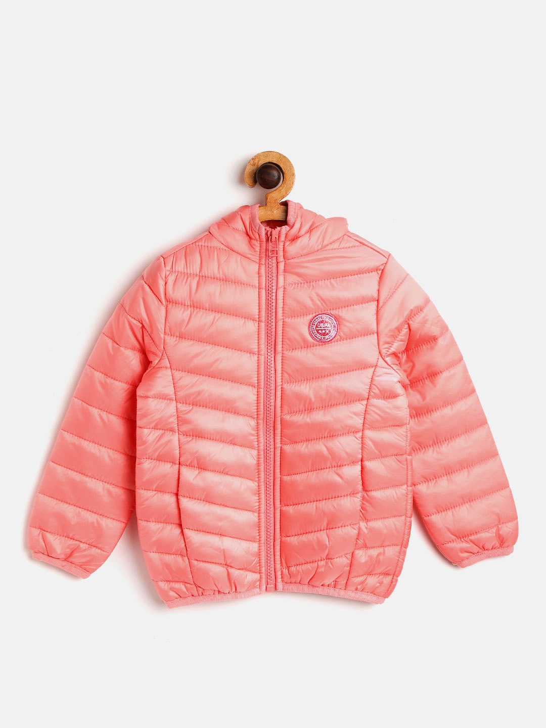 

U.S. Polo Assn. Kids Girls Coral Pink Solid Puffer Jacket with Quilted Detail