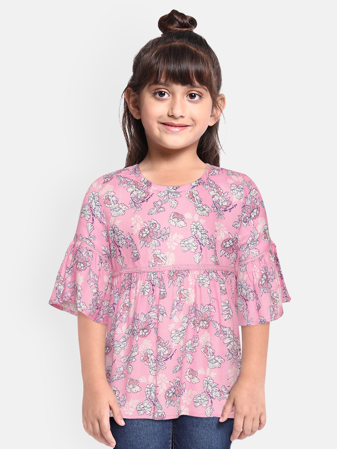 

U.s. Polo assn. kids Girls Pink & Blue Floral Print Bell Sleeves A-Line Top