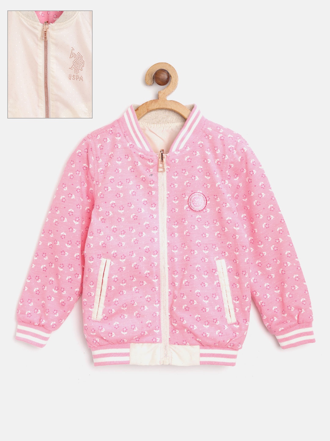 

U.S. Polo Assn. Kids Girls Pink & Cream Coloured Printed Reversible Bomber Jacket
