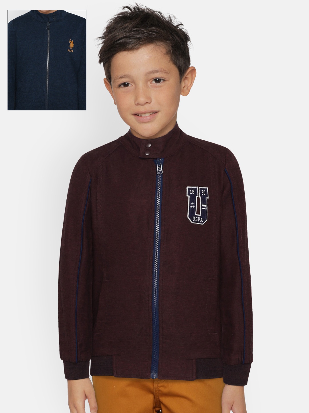 

U.S. Polo Assn. Kids Boys Blue & Maroon Solid Reversible Bomber Jacket