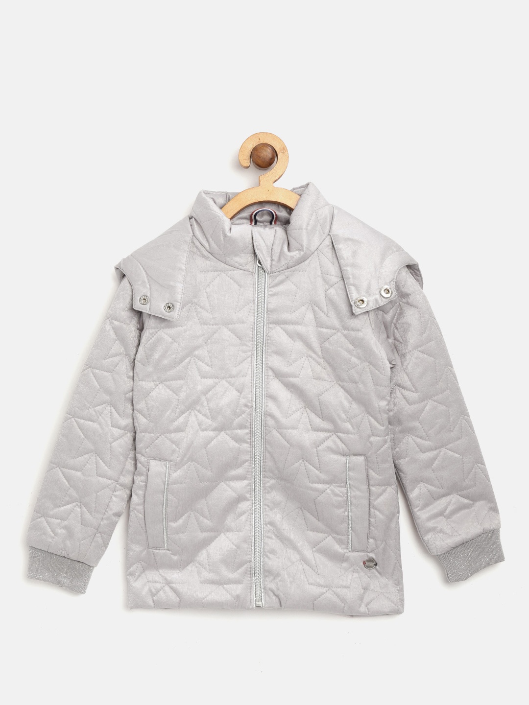 

U.S. Polo Assn. Kids Girls Grey Self Design Quilted Hooded Jacket