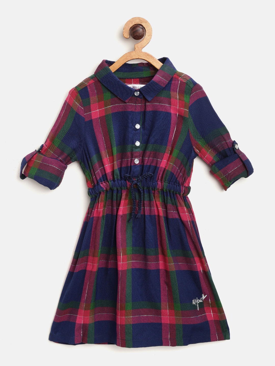 

U.S. Polo Assn. Kids Girls Navy Blue & Burgundy Checked Shirt Dress