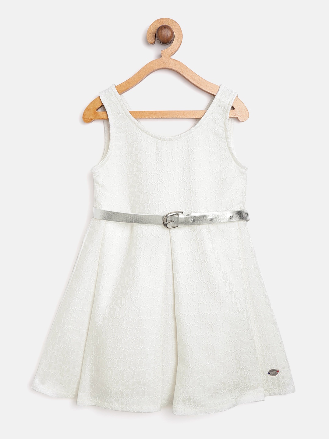

U.S. Polo Assn. Kids Girls Off-White Jacquard Fit and Flare Dress with Belt