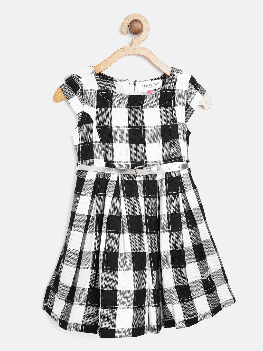 

U.S. Polo Assn. Kids Girls Black & White Checked Fit and Flare Dress with Belt