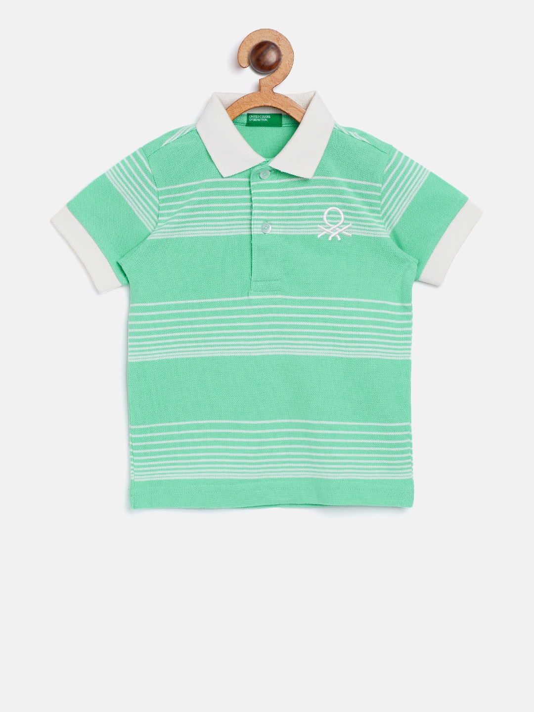 

United Colors of Benetton Boys Green & White Striped Polo Collar T-shirt