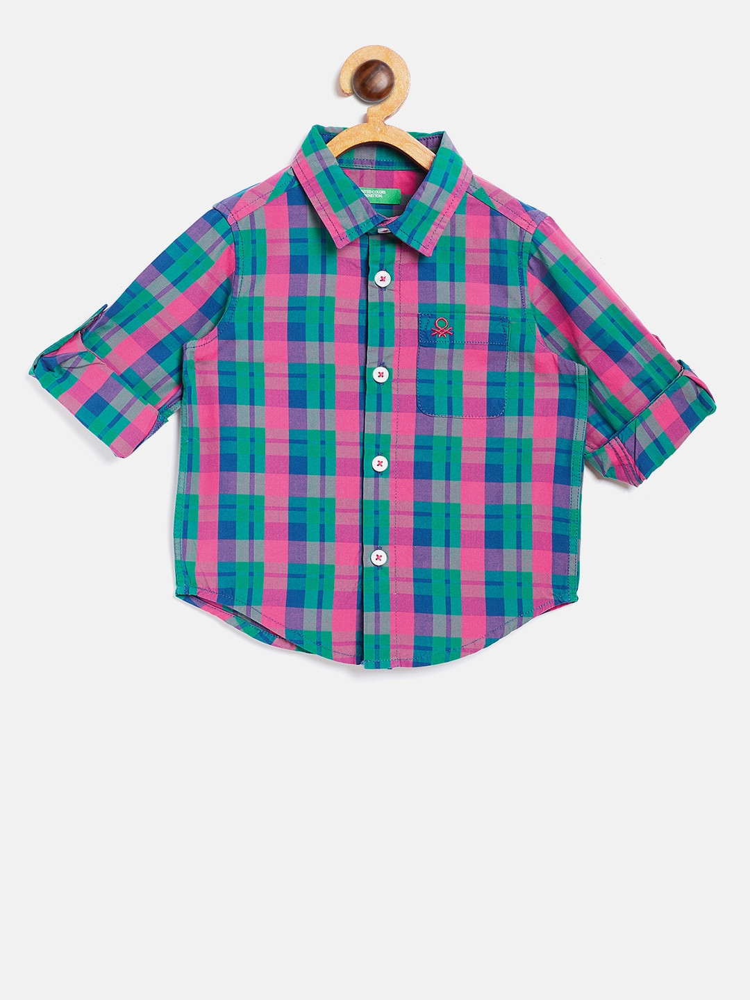 

United Colors of Benetton Boys Pink & Green Regular Fit Checked Casual Shirt