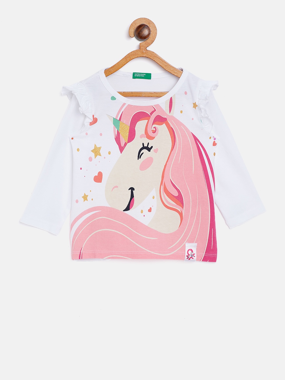 

United Colors of Benetton Girls White & Pink Printed Pure Cotton Top