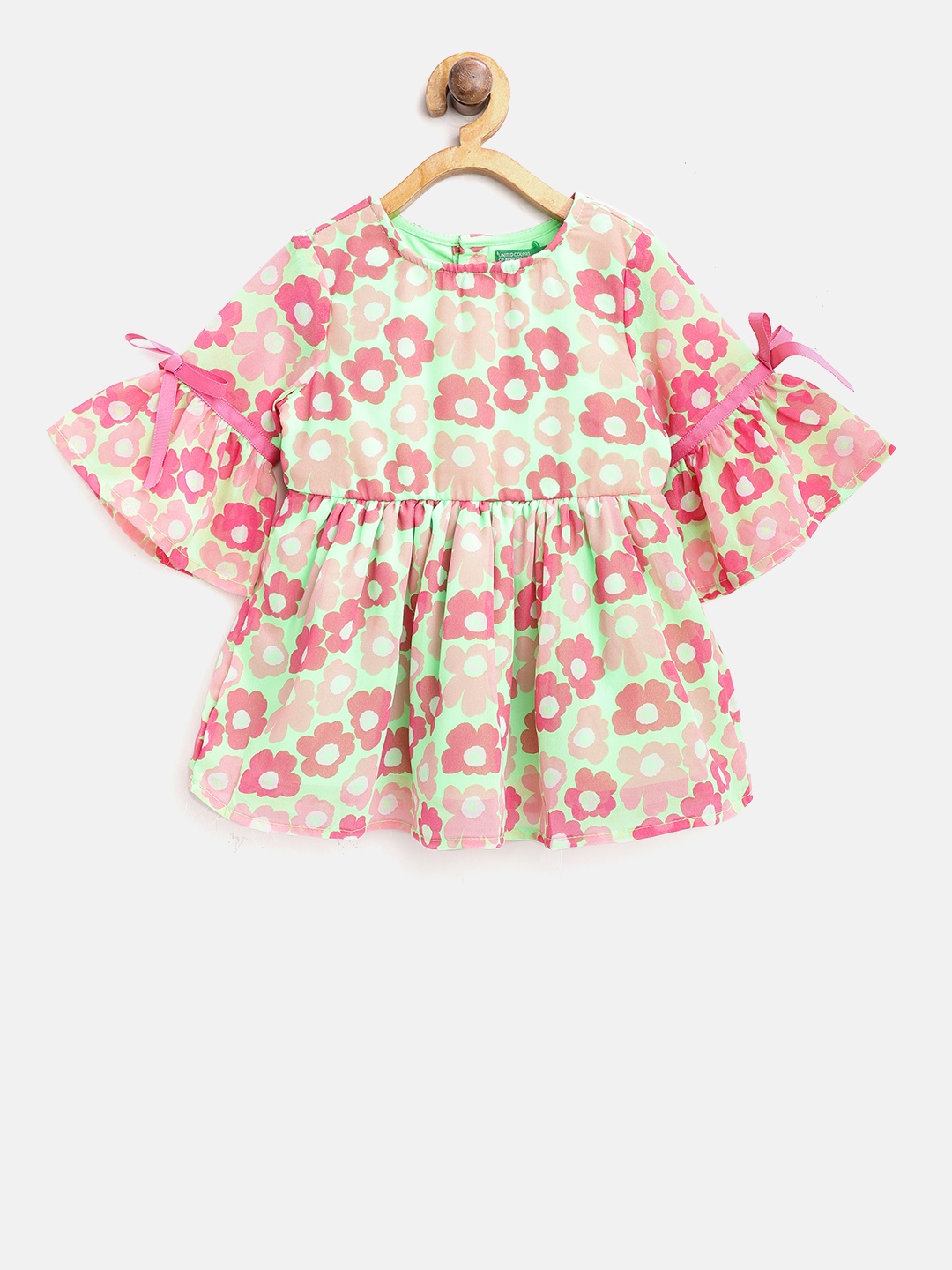 

United Colors of Benetton Girls Fluorescent Green & Pink Printed Fit & Flare Dress