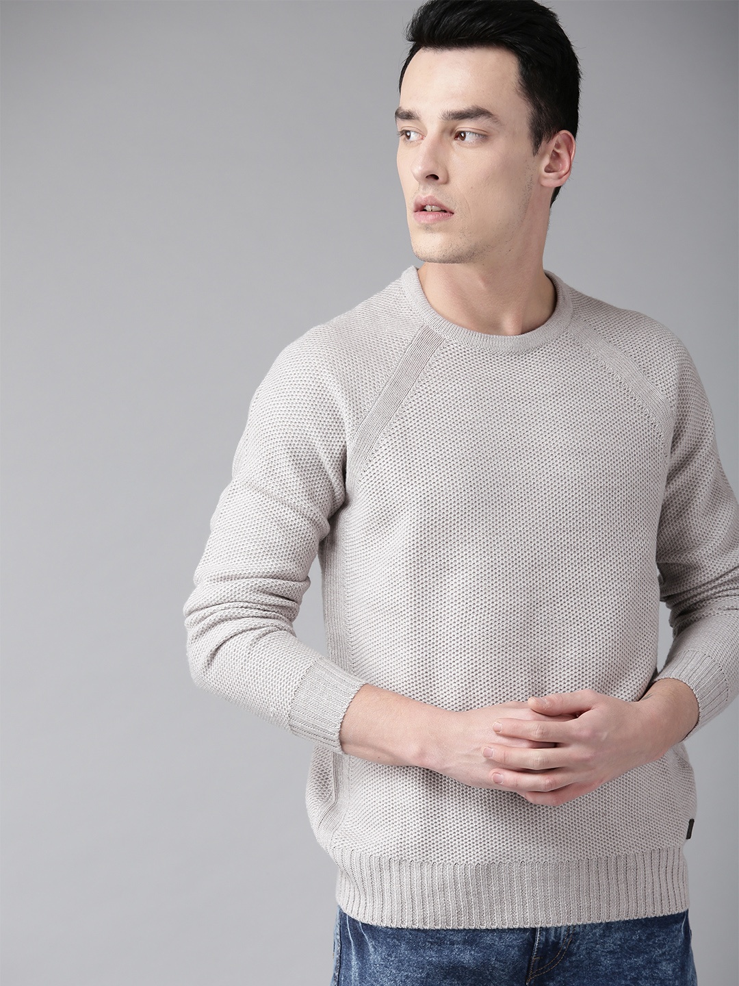 

The Roadster Lifestyle Co Men Grey Self Design Sweater