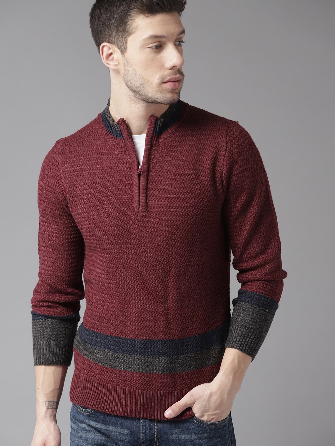 

The Roadster Lifestyle Co Men Maroon Self Design Sweater